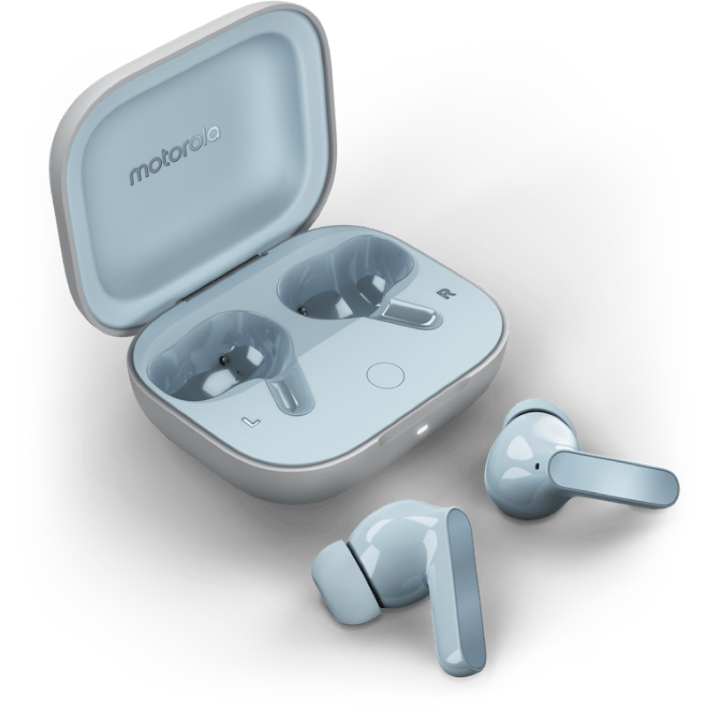 Motorola Moto Buds niebieskie otwarte etui i słuchawki